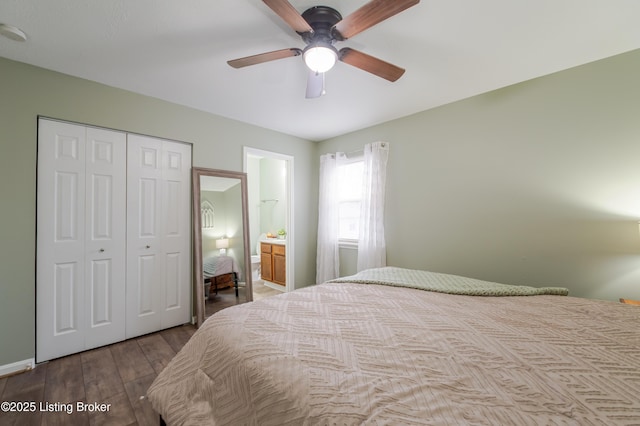 bedroom with a closet, ceiling fan, connected bathroom, and light hardwood / wood-style floors