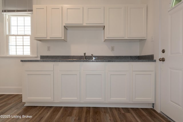 kitchen with white cabinets and dark hardwood / wood-style floors