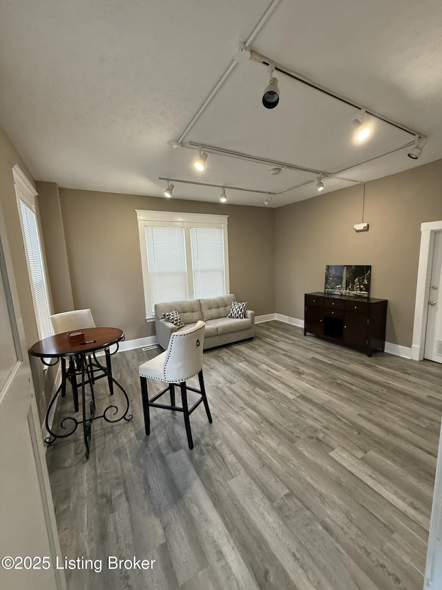 living room featuring baseboards, plenty of natural light, wood finished floors, and rail lighting