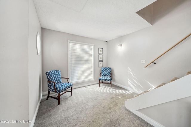 living area featuring a textured ceiling and carpet flooring