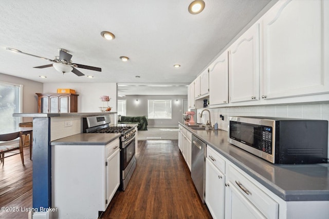 kitchen with appliances with stainless steel finishes, tasteful backsplash, white cabinetry, sink, and dark hardwood / wood-style floors