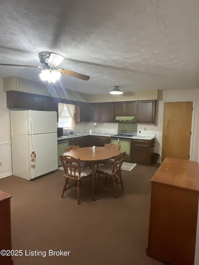 dining room with ceiling fan, a textured ceiling, and carpet