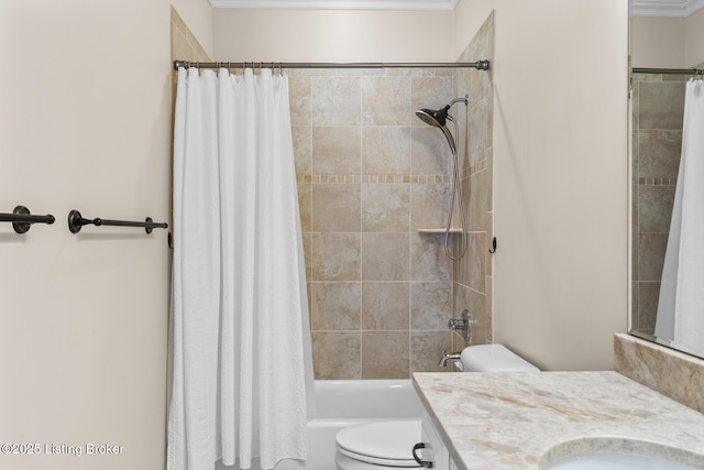 full bathroom featuring crown molding, vanity, toilet, and shower / tub combo