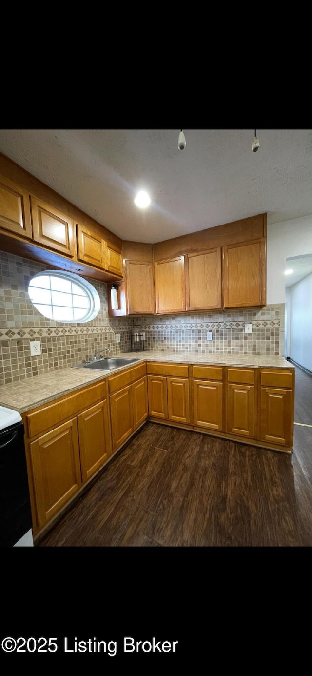 kitchen featuring dark hardwood / wood-style flooring, decorative backsplash, electric range, and sink