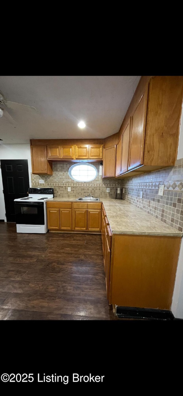 kitchen featuring electric stove, ceiling fan, decorative backsplash, sink, and dark hardwood / wood-style flooring