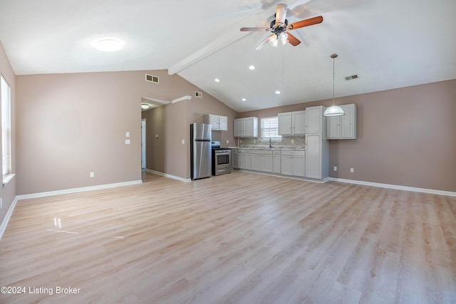 unfurnished living room featuring sink, light hardwood / wood-style floors, lofted ceiling with beams, and ceiling fan