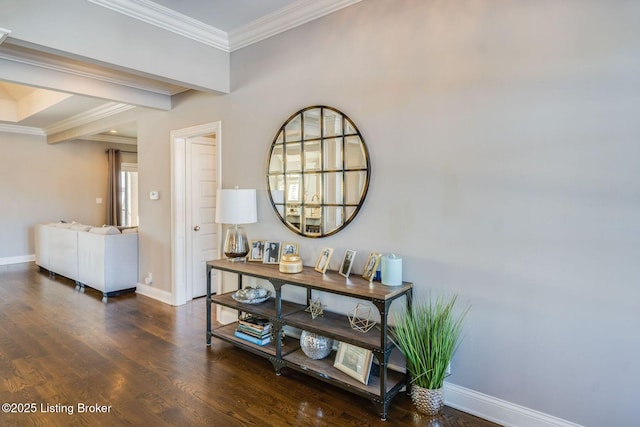 hallway featuring dark hardwood / wood-style flooring and ornamental molding