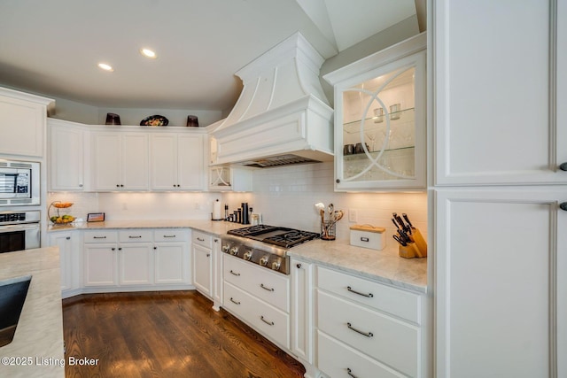 kitchen featuring white cabinets, dark wood-type flooring, stainless steel appliances, decorative backsplash, and custom range hood