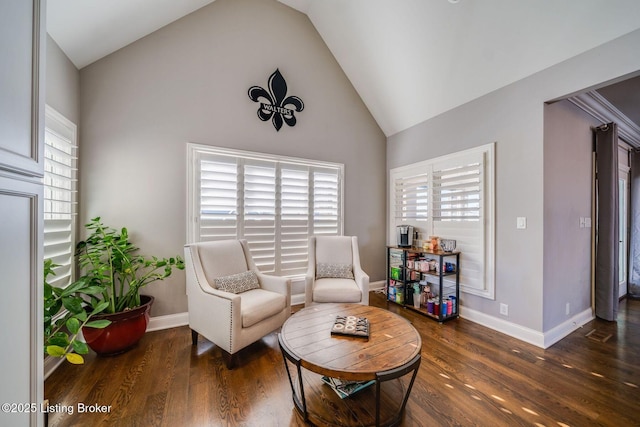 living area featuring dark hardwood / wood-style flooring and lofted ceiling