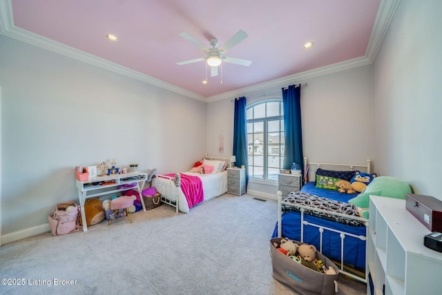 carpeted bedroom featuring french doors, ceiling fan, and ornamental molding