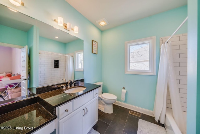 full bathroom with toilet, shower / bath combination with curtain, tile patterned floors, and vanity