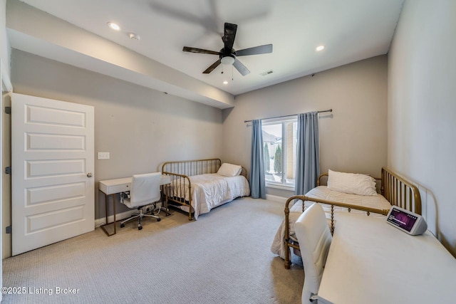 carpeted bedroom featuring ceiling fan