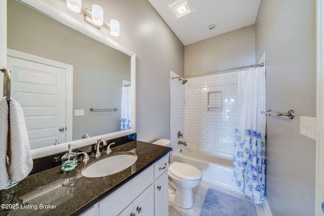 full bathroom featuring shower / bath combo, toilet, tile patterned floors, and vanity