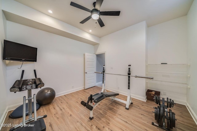 exercise room featuring hardwood / wood-style flooring and ceiling fan