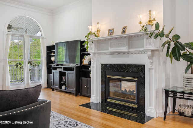 living room with wood-type flooring, a high end fireplace, and ornamental molding