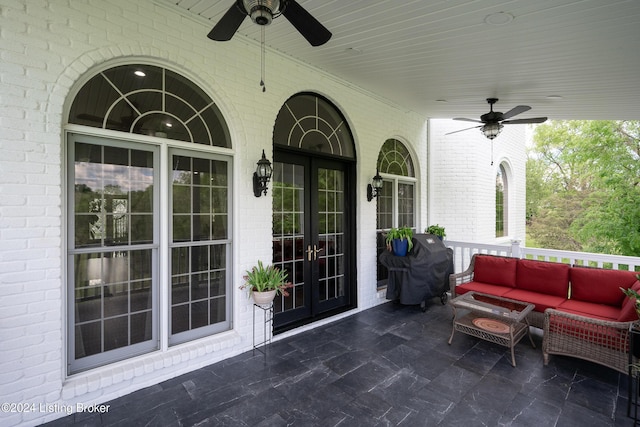 view of patio / terrace with ceiling fan, french doors, and a grill