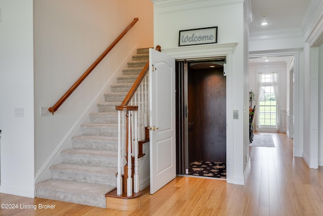 foyer with light hardwood / wood-style floors and ornamental molding