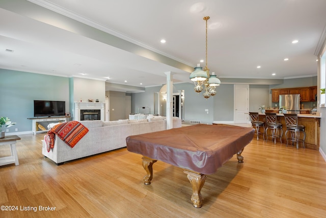 playroom with decorative columns, billiards, crown molding, and light wood-type flooring