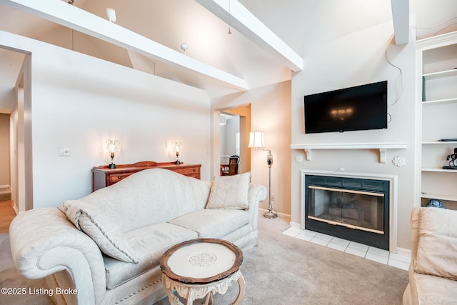 living room featuring vaulted ceiling and light carpet