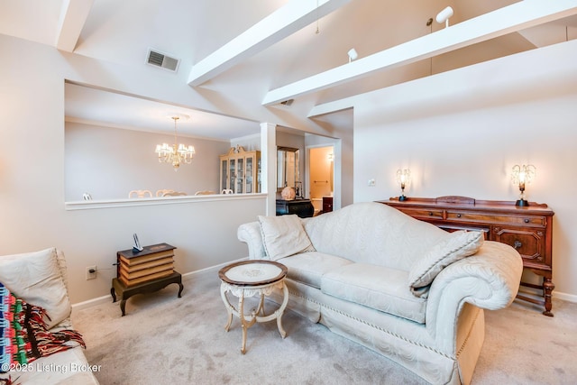 carpeted living room with vaulted ceiling with beams and an inviting chandelier