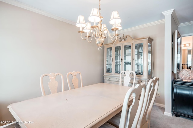 carpeted dining room with ornamental molding and an inviting chandelier