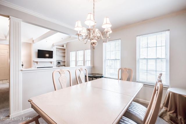 carpeted dining area with built in shelves, a wealth of natural light, an inviting chandelier, and lofted ceiling