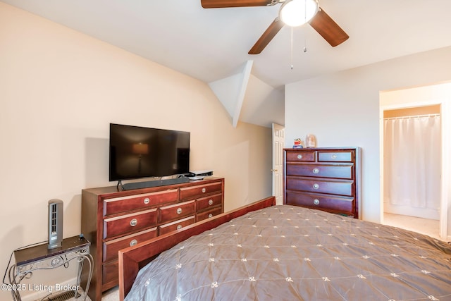 bedroom featuring ceiling fan and lofted ceiling