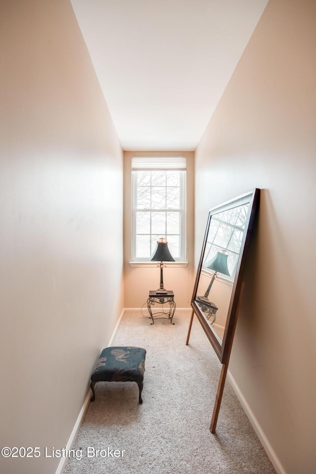 living area with lofted ceiling and light carpet