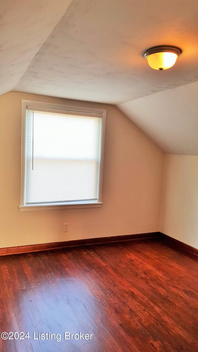 additional living space with dark hardwood / wood-style floors, a textured ceiling, and lofted ceiling