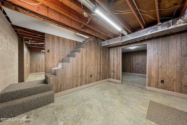 basement with wood walls