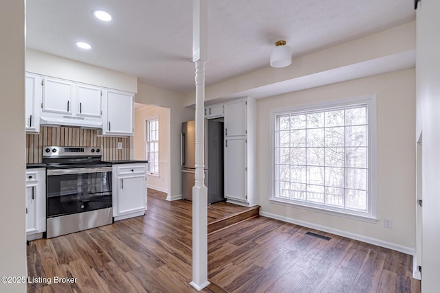 kitchen with white cabinets, dark hardwood / wood-style flooring, and stainless steel appliances