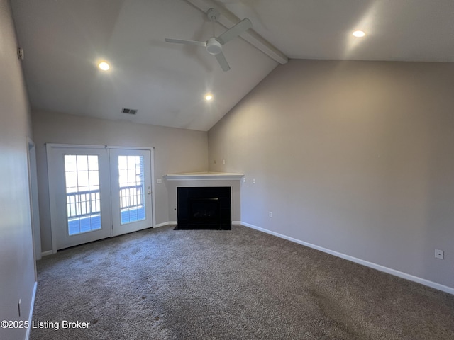 unfurnished living room featuring ceiling fan, beamed ceiling, carpet floors, and high vaulted ceiling