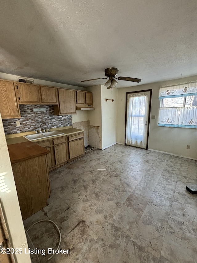 kitchen featuring ceiling fan, sink, a textured ceiling, and tasteful backsplash