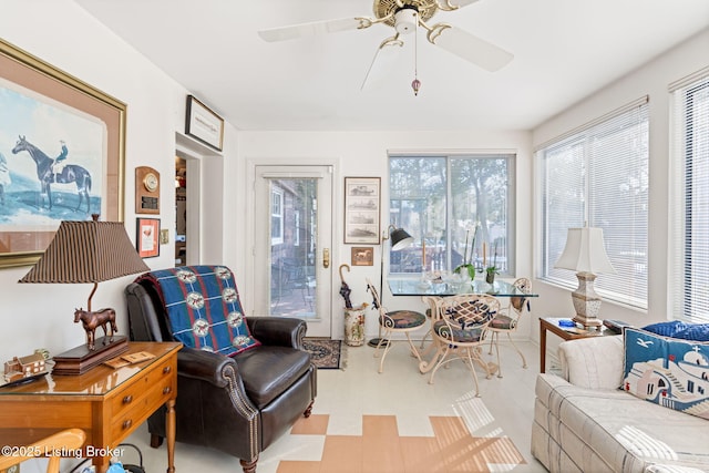 interior space featuring ceiling fan