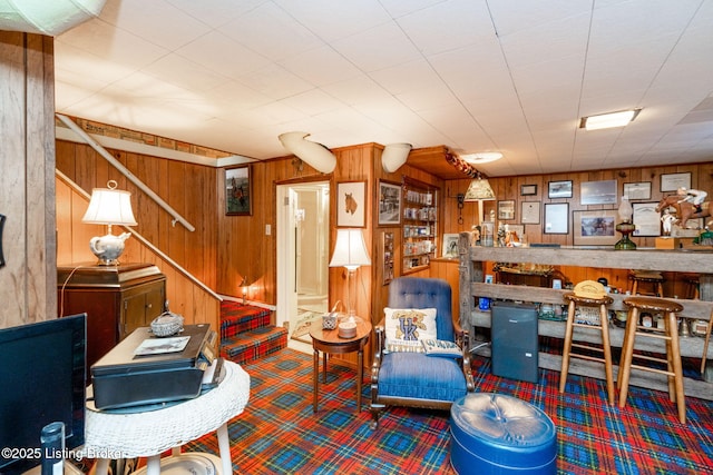 interior space featuring wood walls