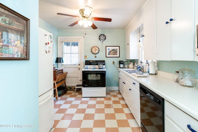 kitchen with sink, black dishwasher, range with electric stovetop, white cabinets, and white fridge