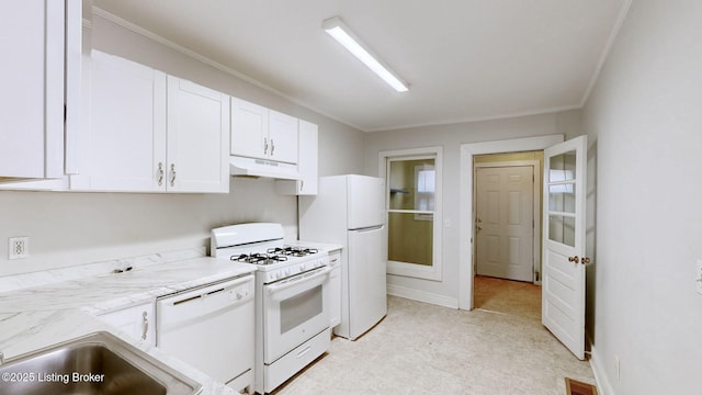 kitchen featuring ornamental molding, white cabinets, and white appliances