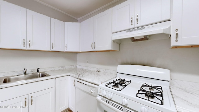 kitchen featuring sink, white cabinetry, crown molding, light stone counters, and white appliances