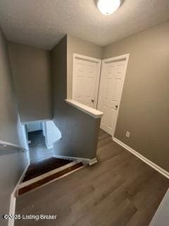 stairway with hardwood / wood-style flooring