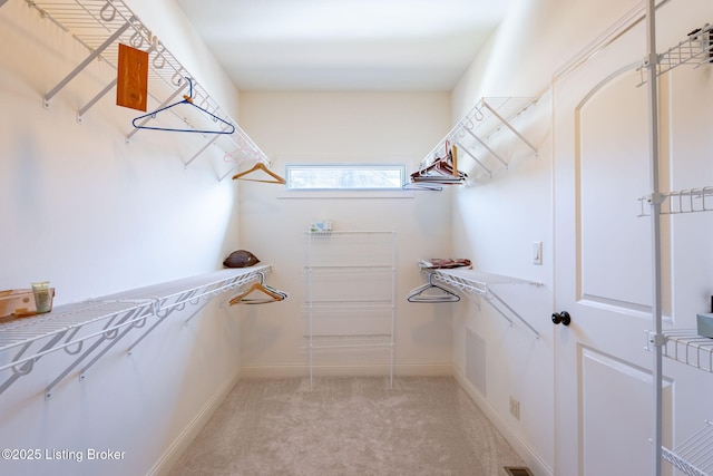 walk in closet with light carpet