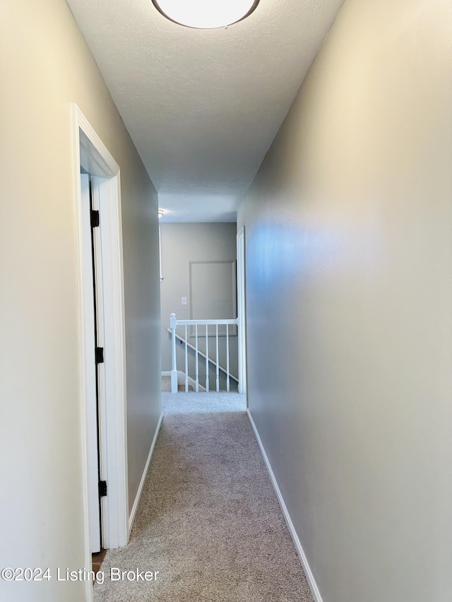 hallway featuring carpet and a textured ceiling