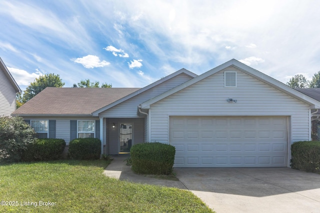 ranch-style house featuring a garage and a front lawn