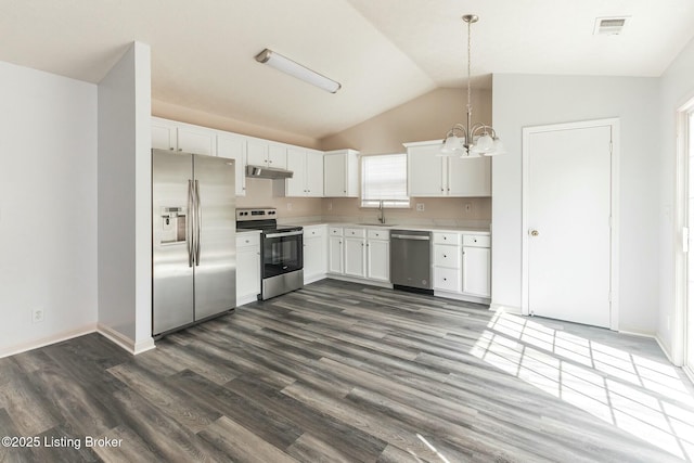 kitchen with white cabinetry, hanging light fixtures, sink, stainless steel appliances, and lofted ceiling