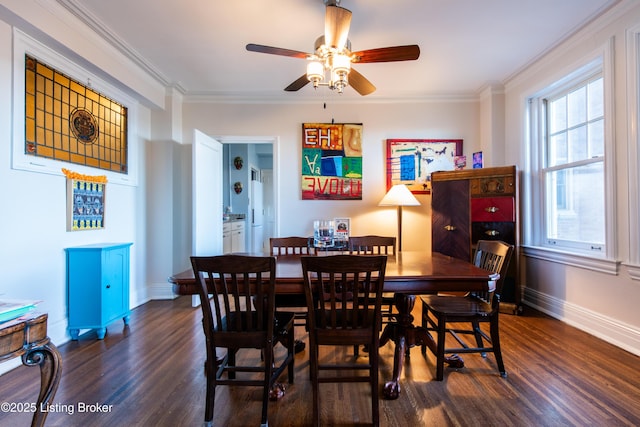 dining area featuring ornamental molding and dark hardwood / wood-style floors