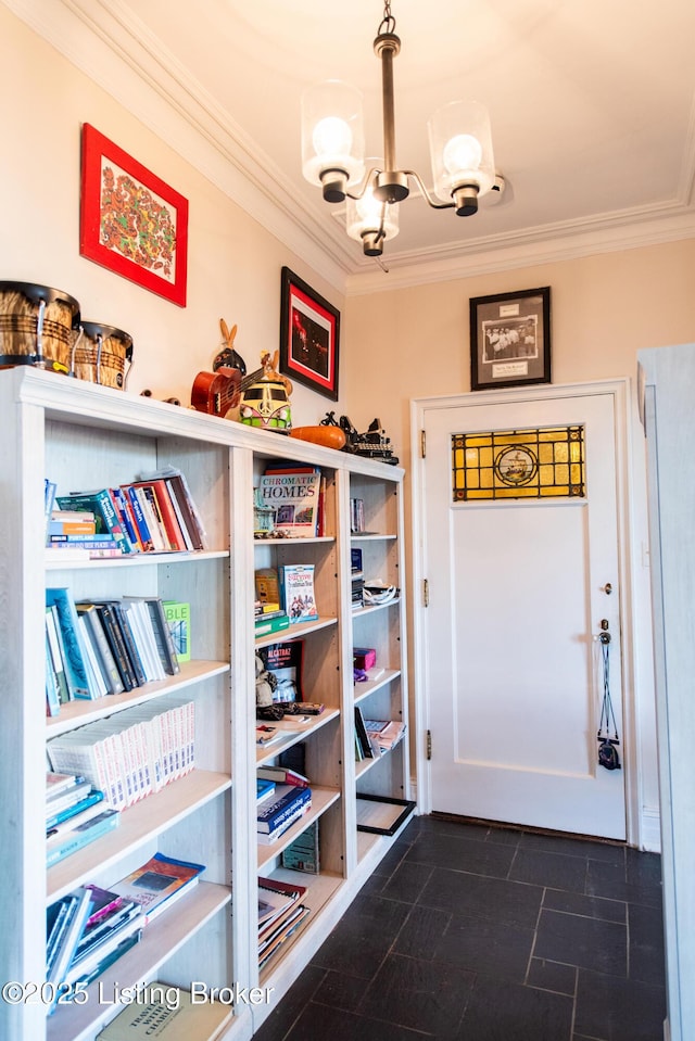 interior space with crown molding and a chandelier