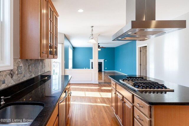 kitchen with light hardwood / wood-style flooring, appliances with stainless steel finishes, decorative light fixtures, sink, and island exhaust hood