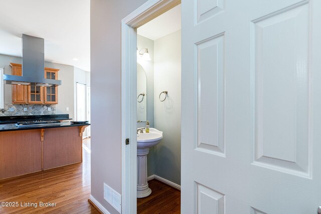 bathroom with tasteful backsplash and wood-type flooring