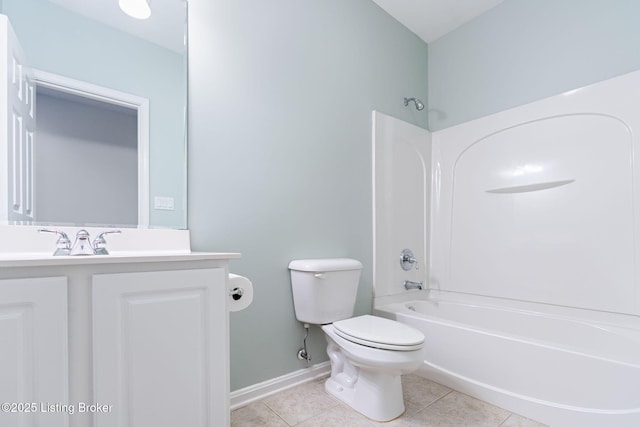 full bathroom featuring bathtub / shower combination, toilet, tile patterned floors, and vanity