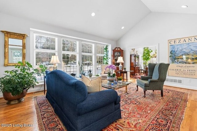 living room featuring high vaulted ceiling and light hardwood / wood-style flooring