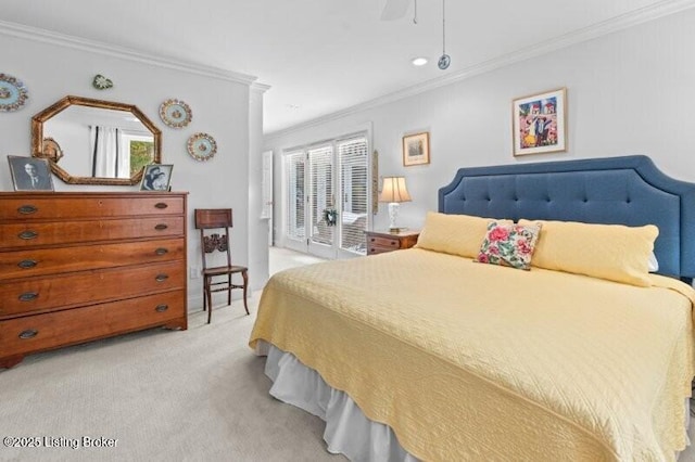 bedroom with light colored carpet, ceiling fan, and ornamental molding